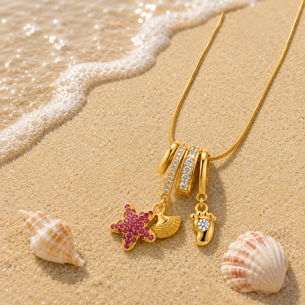Starfish and baby feet charm necklace - Anti tarnish