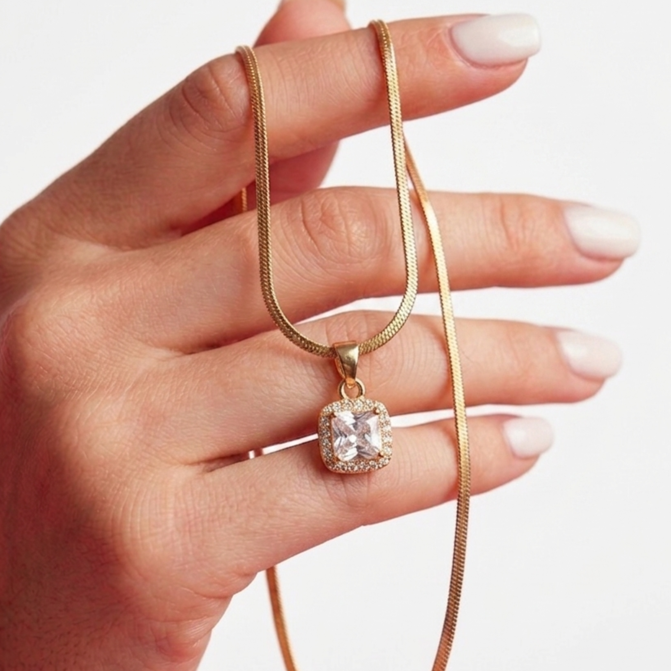 Radiant Square Snake Chain Halo Pendant - Anti tarnish