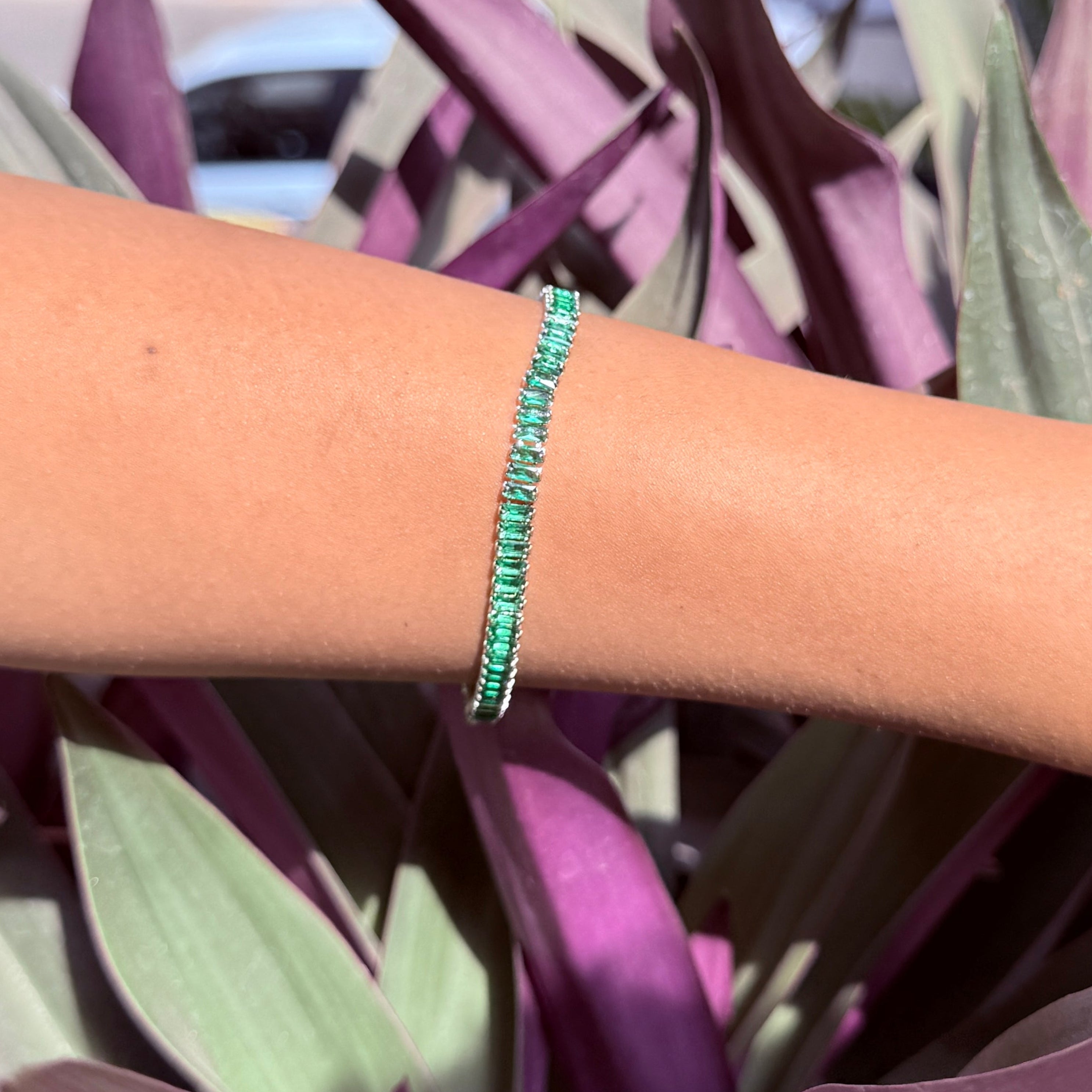 Green Baguette Silver Tennis Bracelet