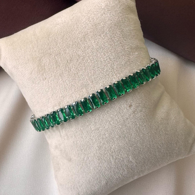 Green Baguette Silver Tennis Bracelet
