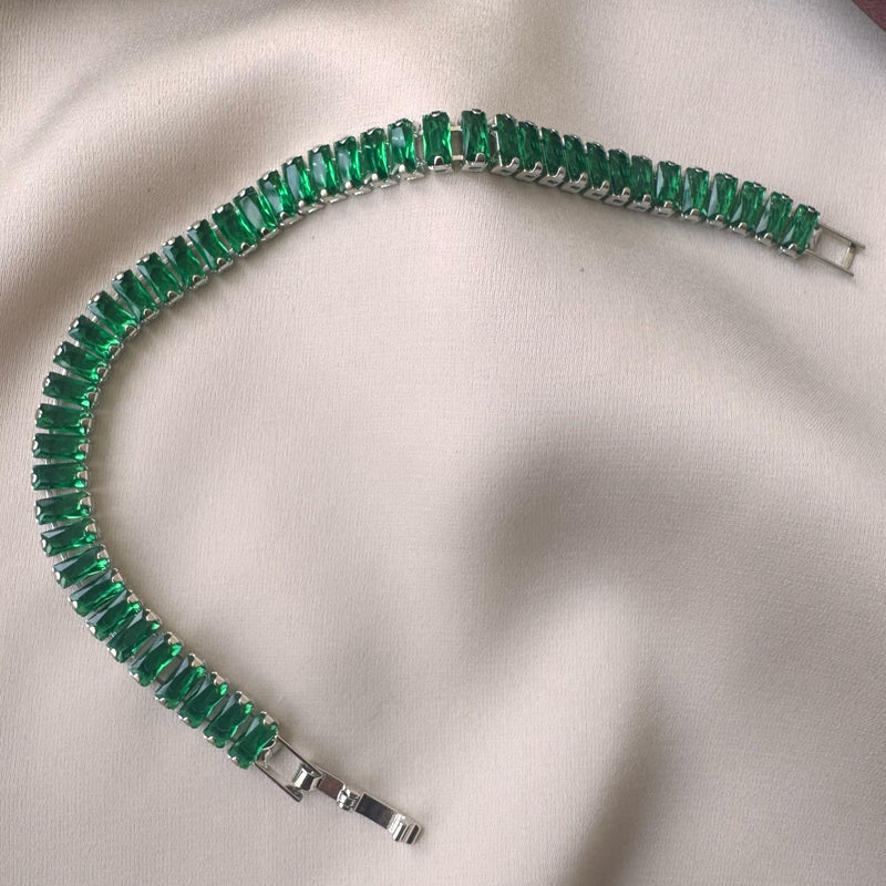 Green Baguette Silver Tennis Bracelet