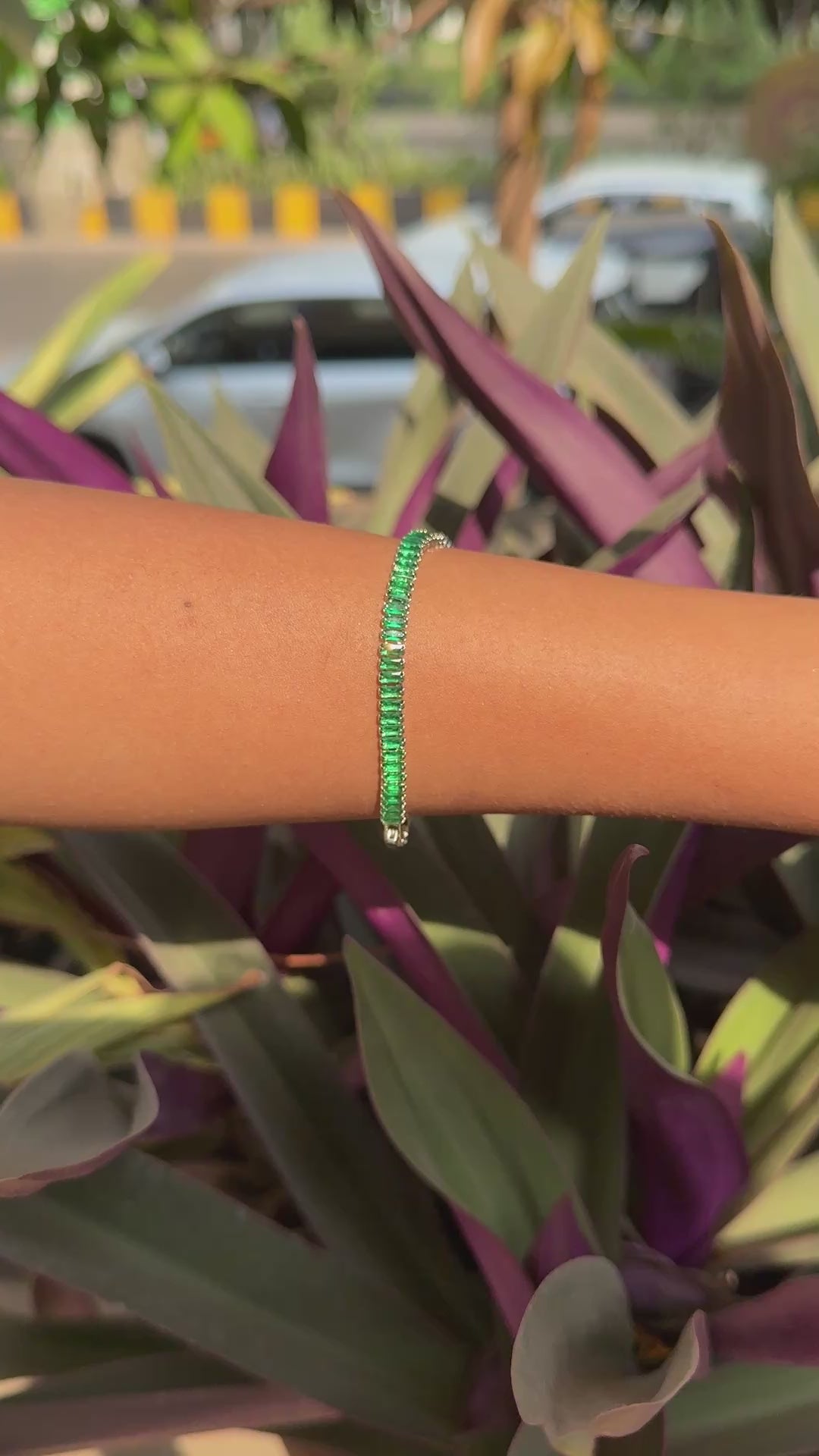 Green Baguette Silver Tennis Bracelet